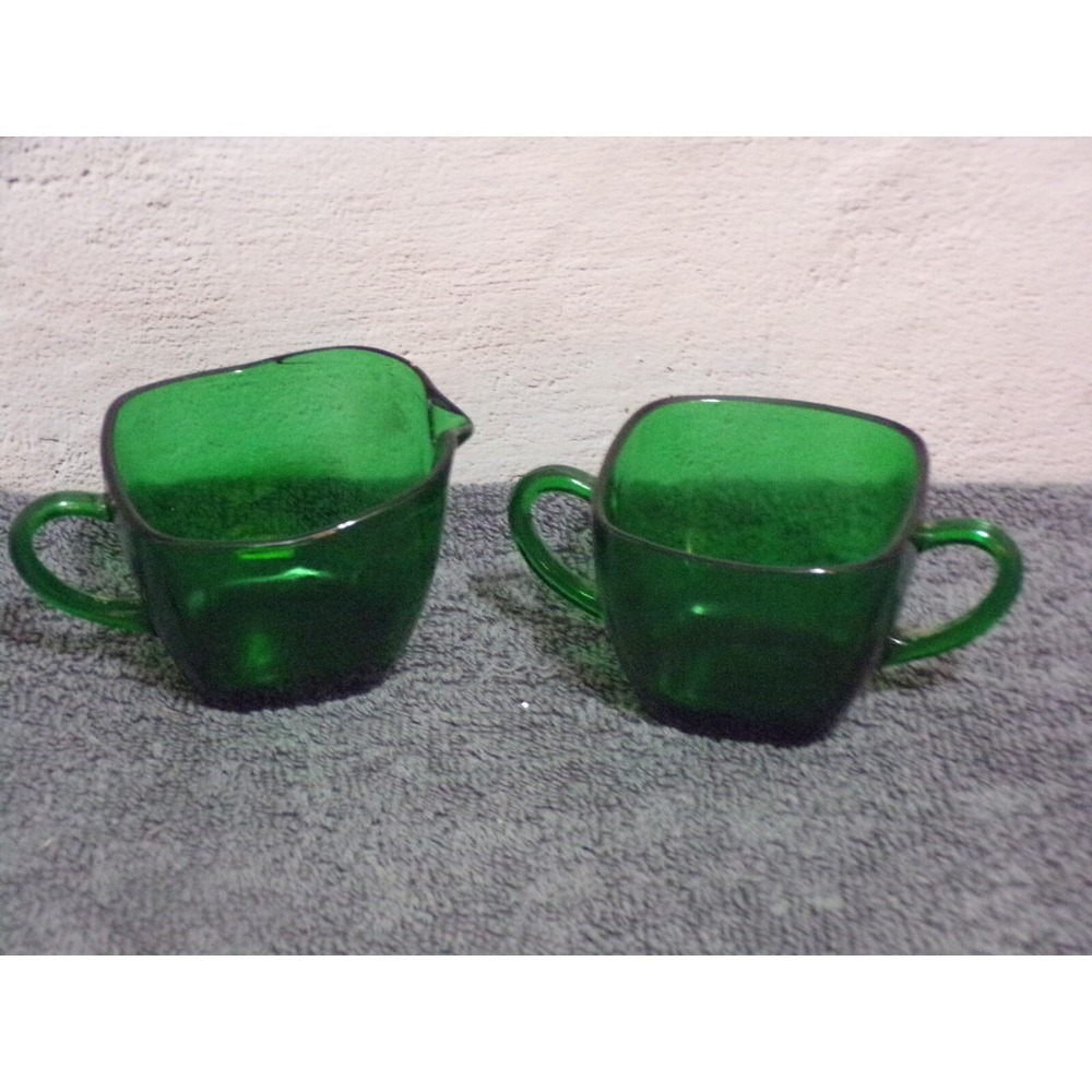 Vintage Anchor Hocking Charm Hunter Green Open Creamer & Sugar Set
